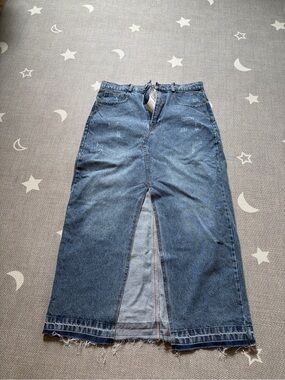 Blue Denim Front-Slit Wide Leg Jeans Skirt